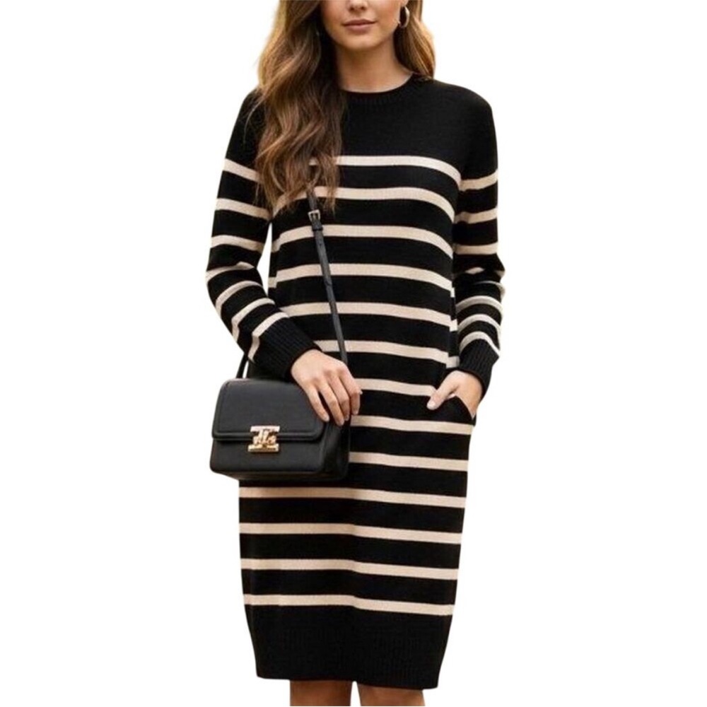 Jessica Simpson Black and Cream Striped Long Sleeve Dress